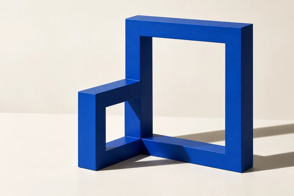 Abstract cobalt architectural frames joined together, created as Made to Click brand artwork.