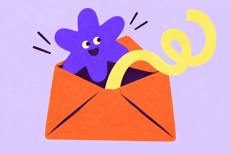 An original cut-paper illustration of a violet spark character, tangerine envelope and yellow squiggle.