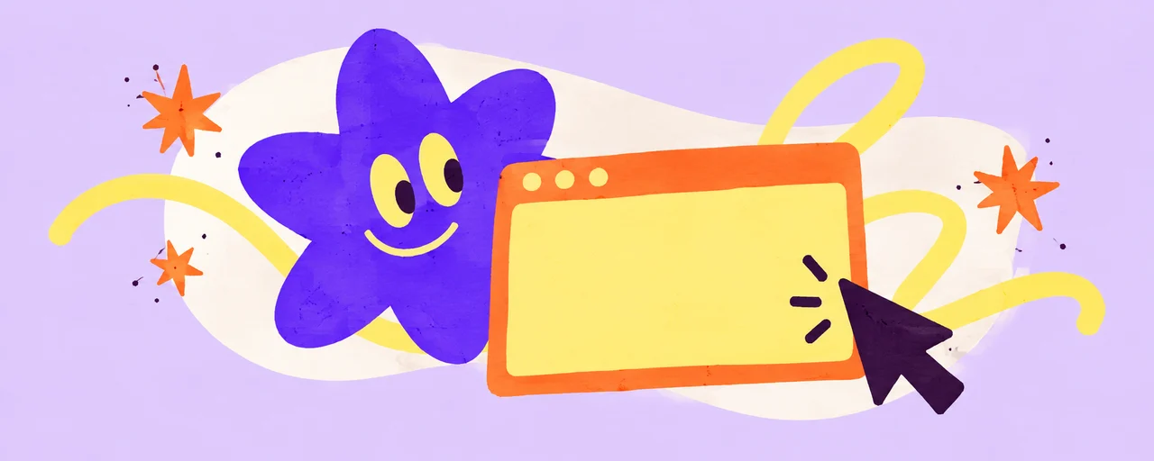 Playful original studio illustration: a violet spark character, tangerine browser window and buttery yellow ribbon in a cut-paper style.