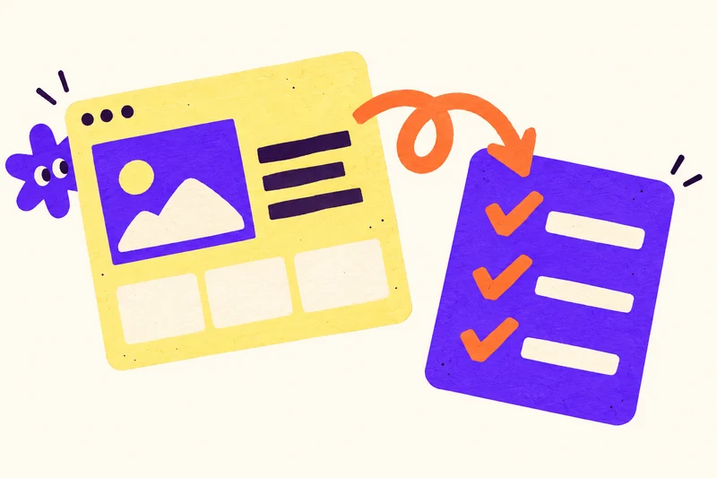 Playful violet and yellow website and checklist cards connected by a tangerine arrow.