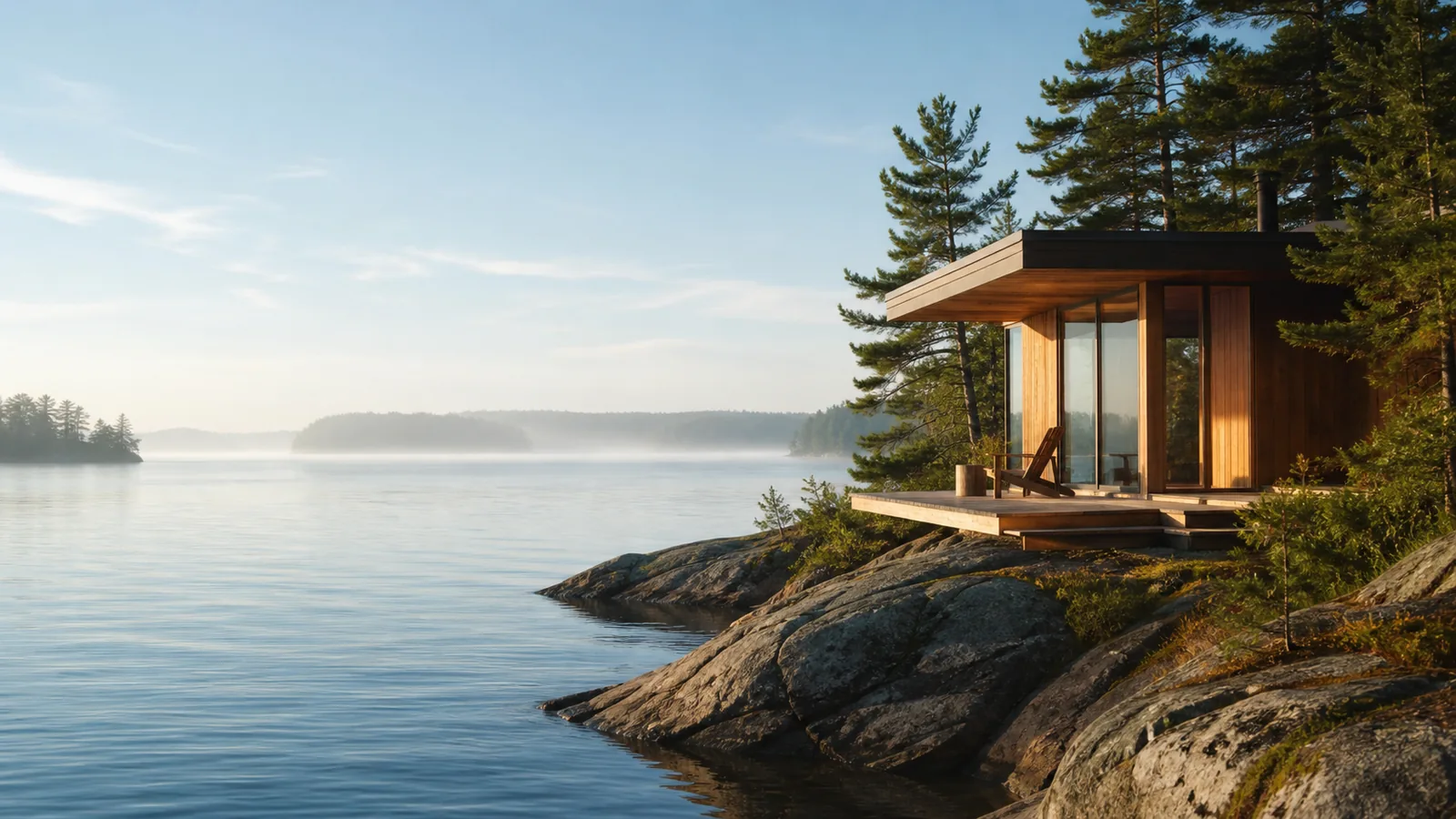 A fictional cedar and glass cabin on a rocky Canadian lake shoreline.