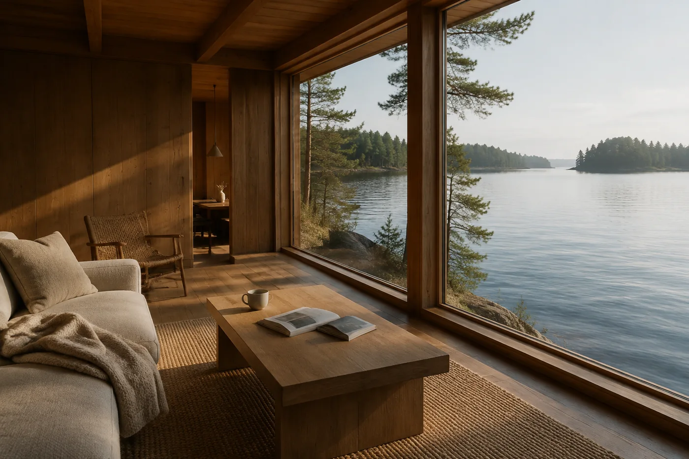 Warm cedar cabin interior with a linen sofa and wide windows over the lake, an original generated scene.