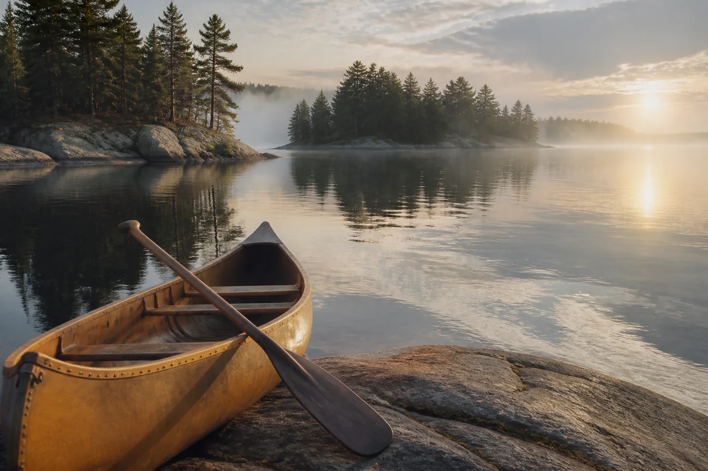 An ochre canoe beside a misty lake and pine-covered islands, an original generated scene.