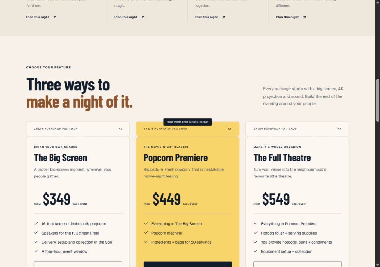 Actual Poplight Cinema preview showing three ticket-style package cards with different inclusions and proposed starting prices.