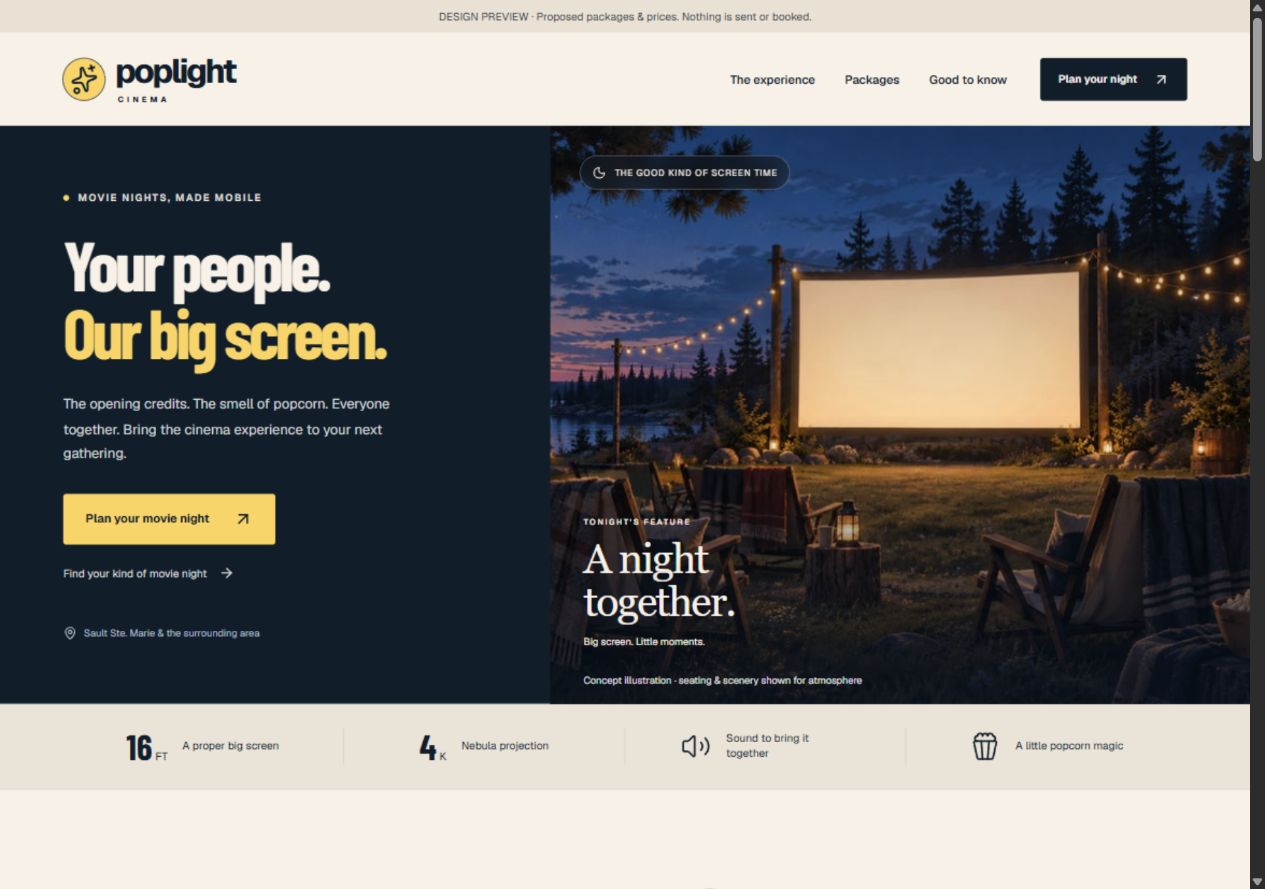 Poplight Cinema website preview with a dark blue and cream design, yellow accents and an illustrated outdoor movie screen.