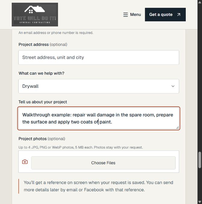 Training enquiry form showing a sample wall-repair description, optional address and project-photo upload