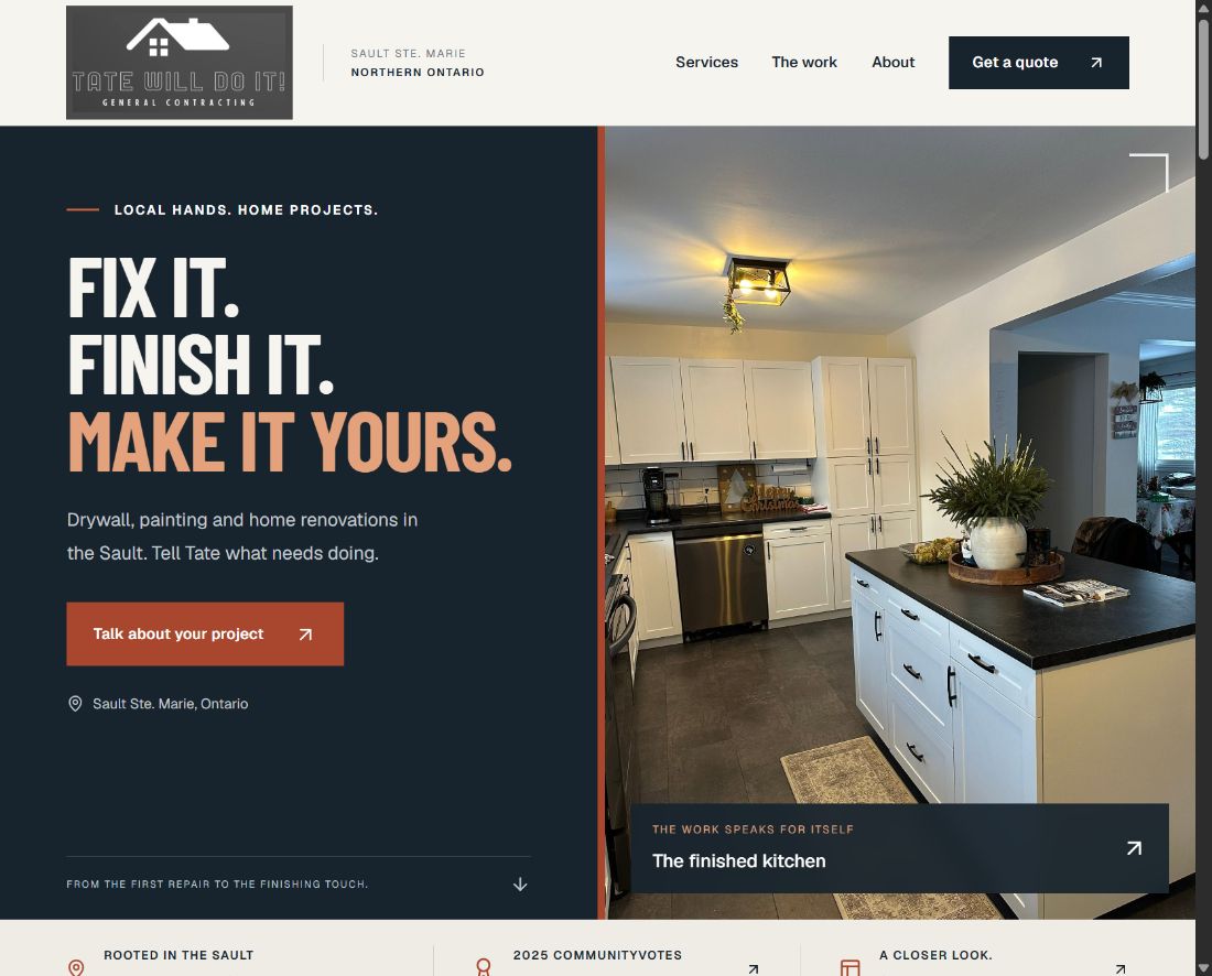 Tate Will Do It homepage with bold contractor services and a photograph of the contractor’s completed kitchen project
